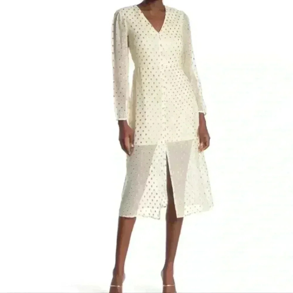 NSR NICOLA METALLIC DOT MIDI DRESS IN IVORY size large - Picture 13 of 14